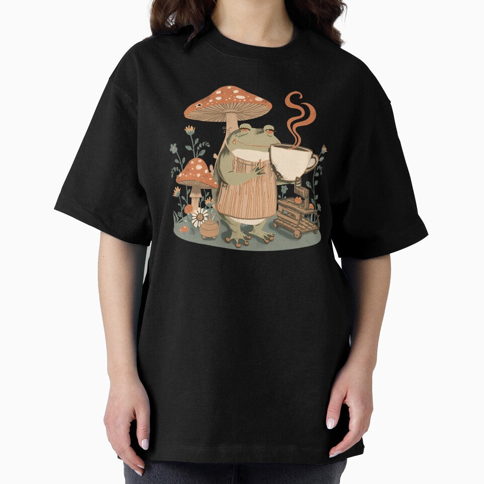 Frog Barista Risograph Art Mushroom Coffee Cottagecore Gift by VectorJoy