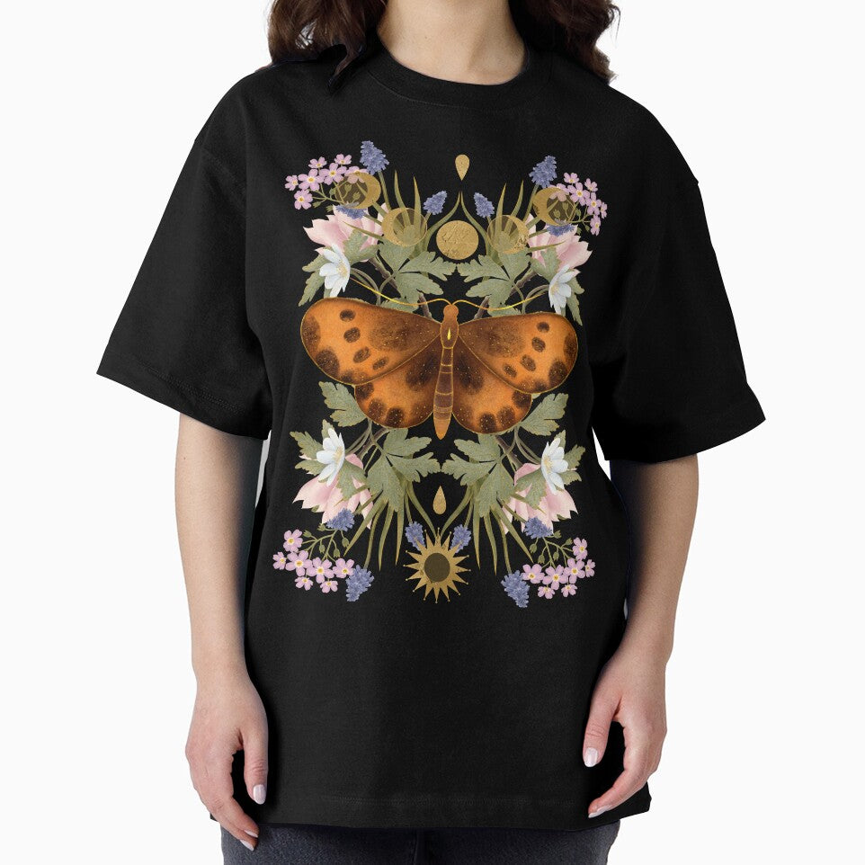 Bright mystical print featuring a symmetrical orange moth, meadow wildflowers, lavender, and a shining golden sun. A beautiful embodiment of astrology and woodland secrets. by Grin Katalina Floral Patterns & Cozy Art