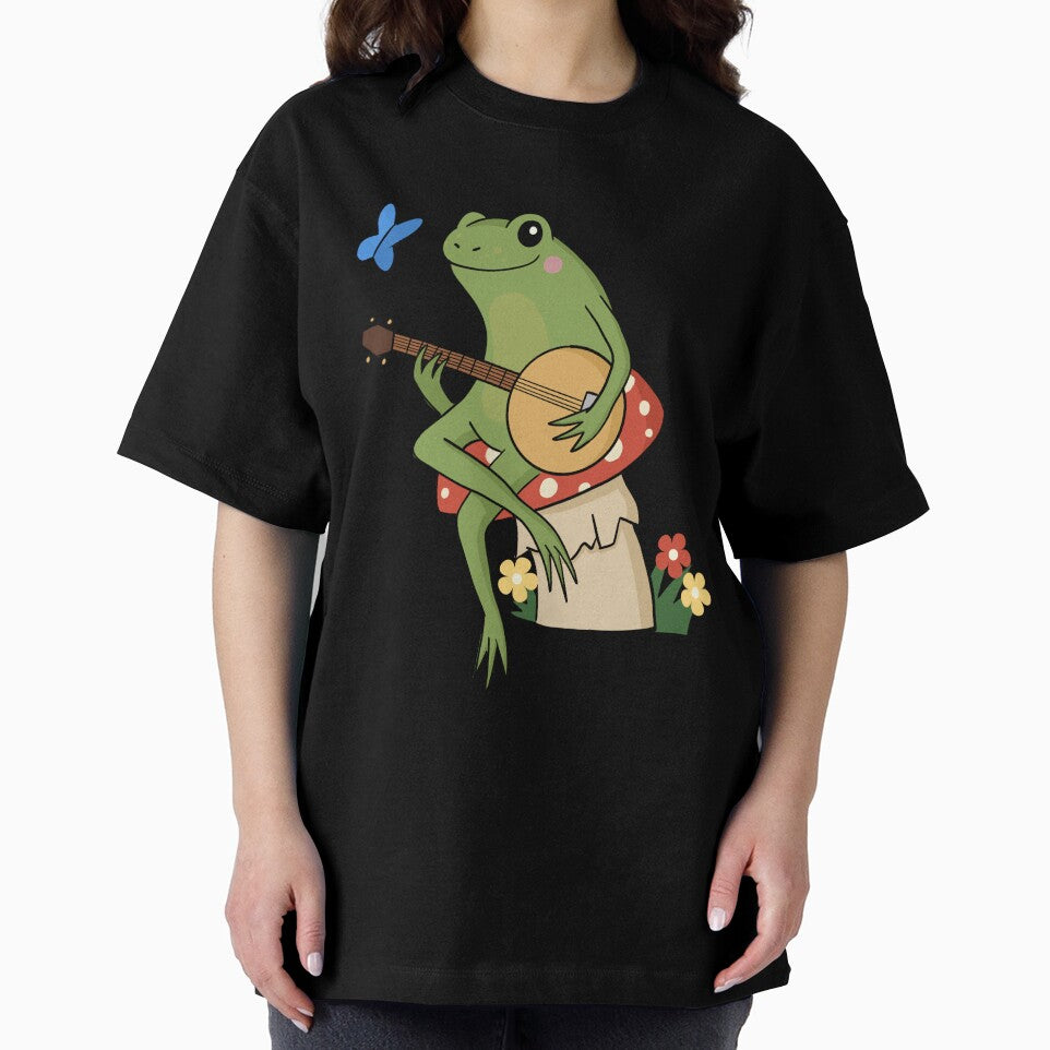 Cottagecore aesthetic cute frog playing a banjo sitting on a mushroom by HopItStudio