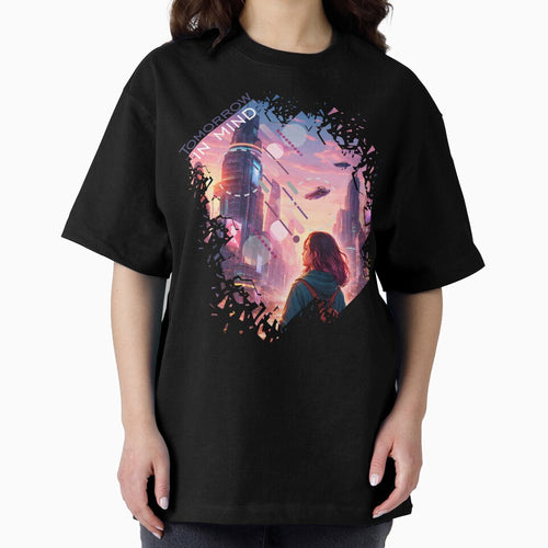 A futuristic cyberpunk city at sunset with a young woman by GraphicComet