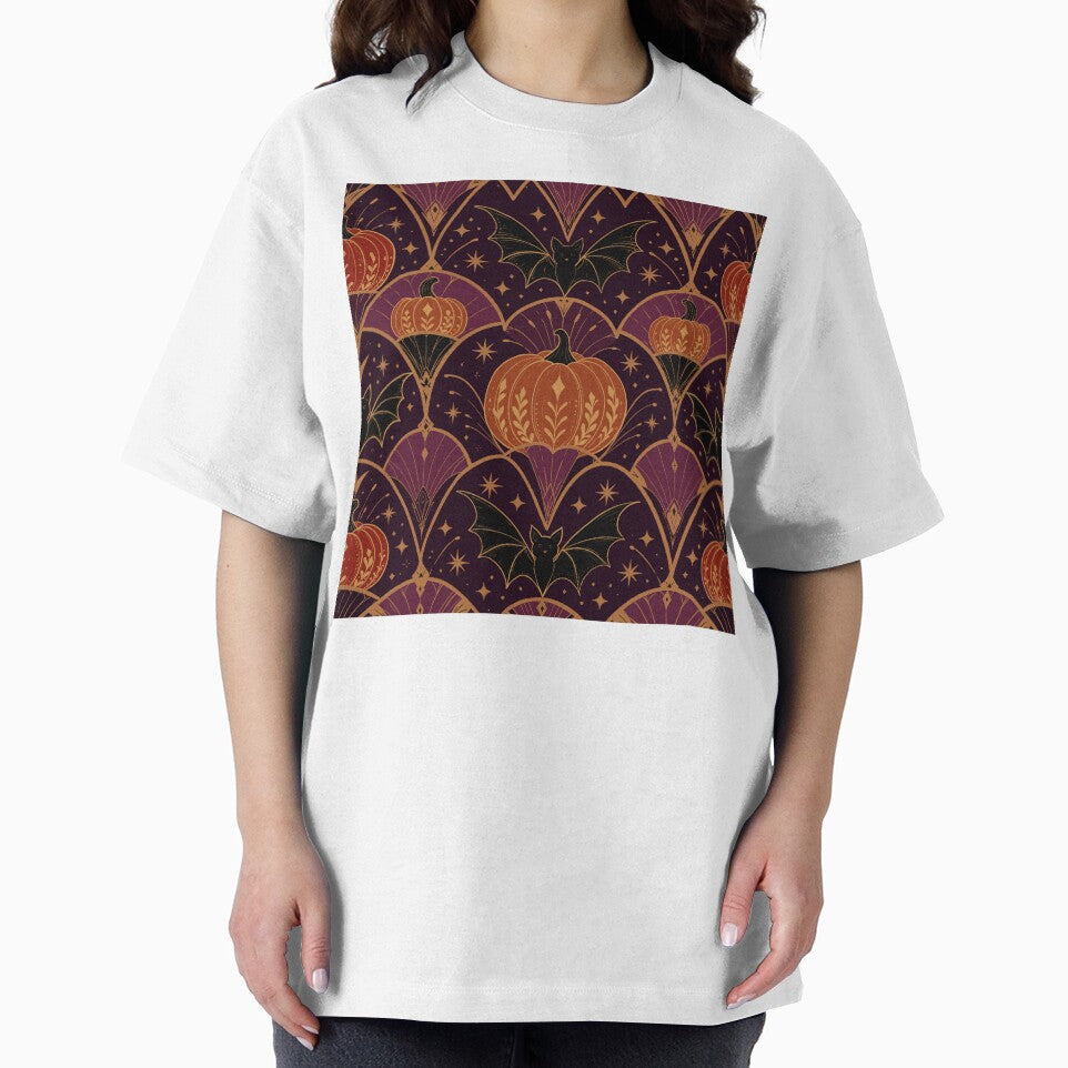 Art Deco Halloween Pumpkins & Bats | Dark Academia Gothic Pattern by Lacritsa