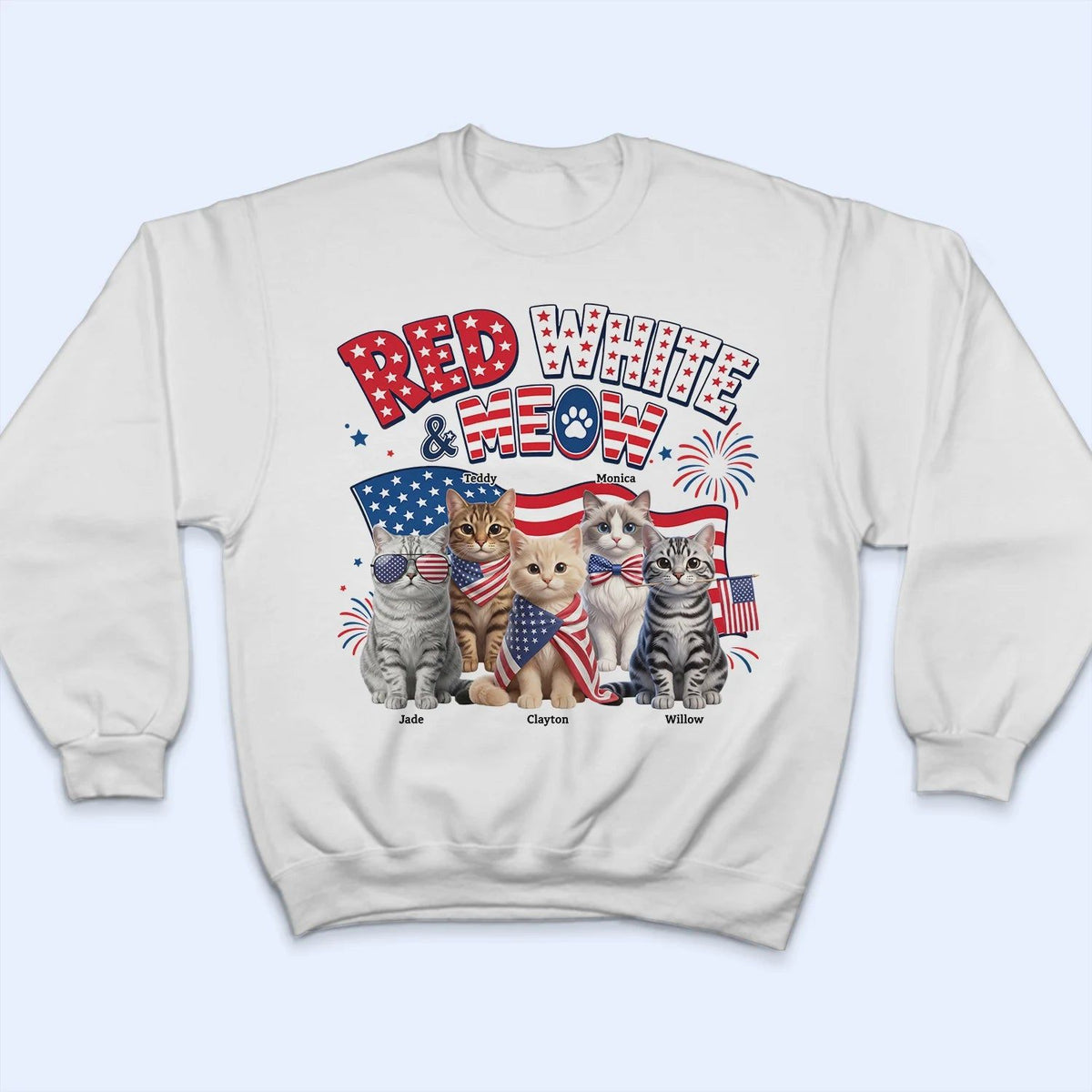 Custom Photo 3D Cartoon With US Accessories Red White Meow - Personalized T Shirt