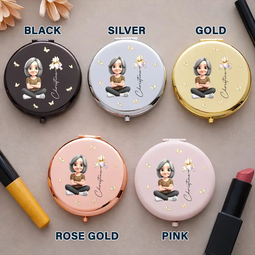 3D Effect Woman Kid Girl Sitting With Birth Flowers - Personalized Compact Mirror