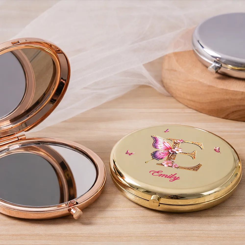 3D Effect Flower & Butterfly Monogram Shine With Love And Admiration - Personalized Compact Mirror